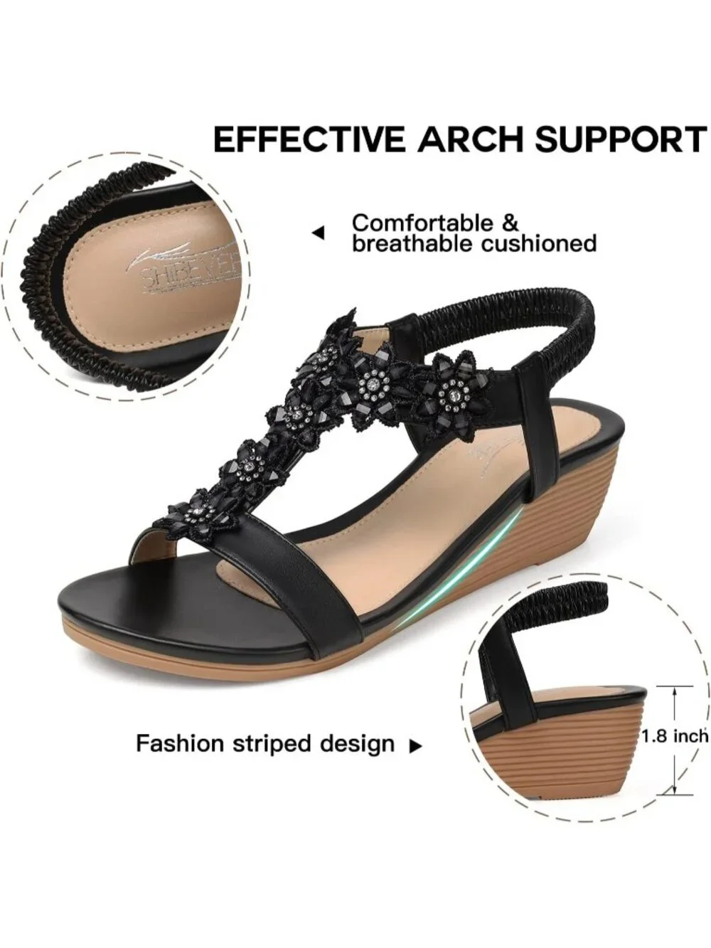 Women's Black Wedge Sandals Summer Platform Comfortable Low Wedges Shoes